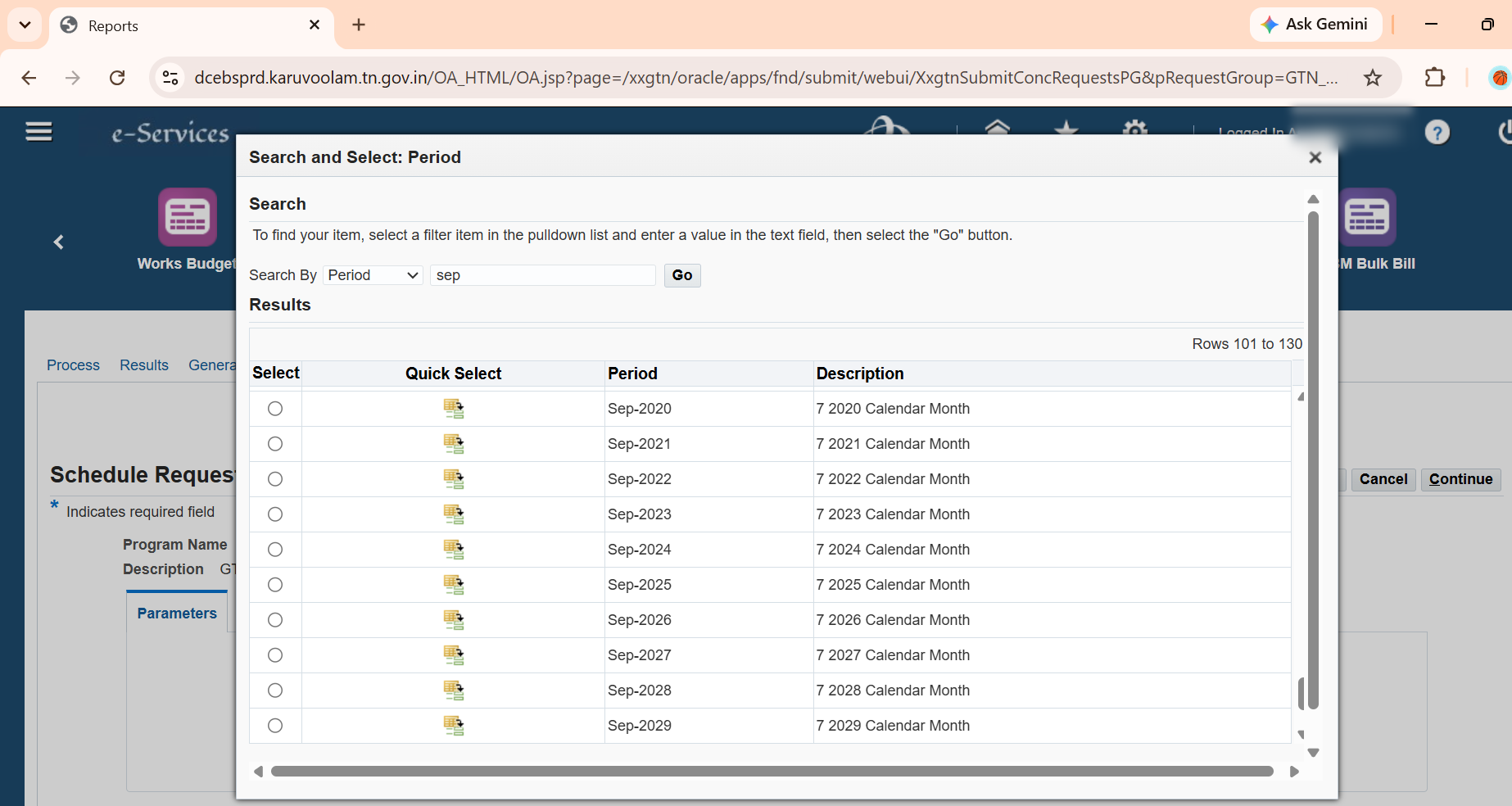 IFHRMS Schedule request define page with filter month wise