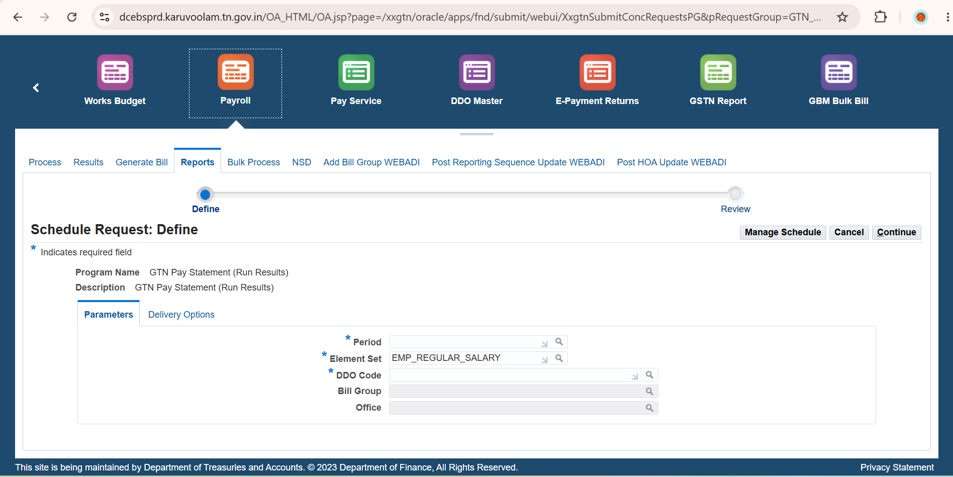 IFHRMS Schedule Request Define Page